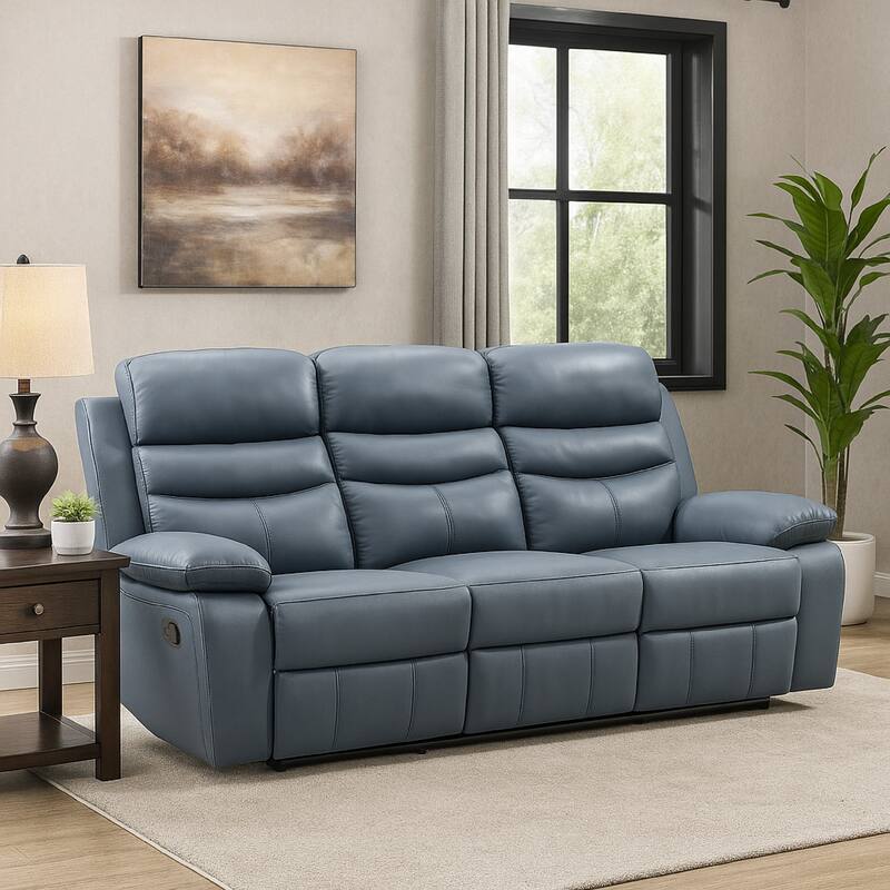 Hanna Manual Double Reclining Sofa, Blue Top Grain Leather, 87 Inch