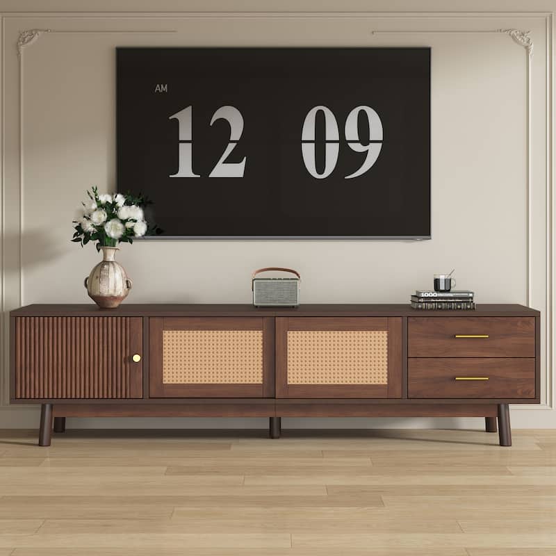 Mid Century Modern TV Stand Entertainment Center for up to 80" TVs, Rattan Sliding Doors TV Cabinet with Drawers for Living Room