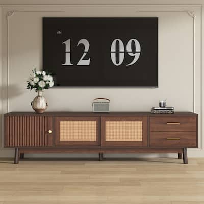 Wooden TV Stand for 80" TVs, TV Media Storage Cabinet with Rattan Sliding Doors and 2 Drawers, Rectangle TV Table Console