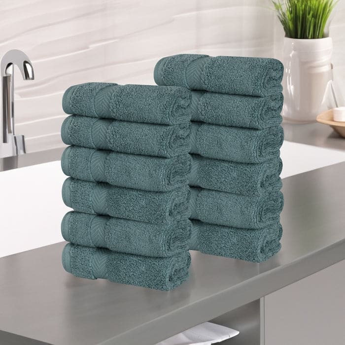Superior Zero Twist Cotton Soft Absorbent Face Towel Washcloth Set of 12 - Jade Green
