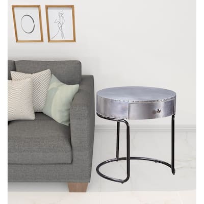 HomeRoots 21" Aluminum And Manufactured Wood Round End Table With Drawer - 20"Dia x 21"H