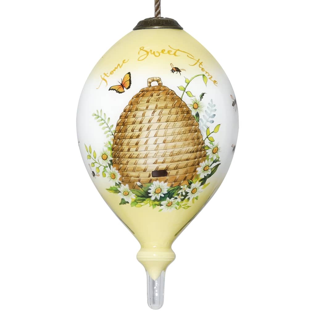 Beehive Home Sweet Home Hand Painted Mouth Blown Glass Ornament - 4.75" x 2.5" x 2.5"