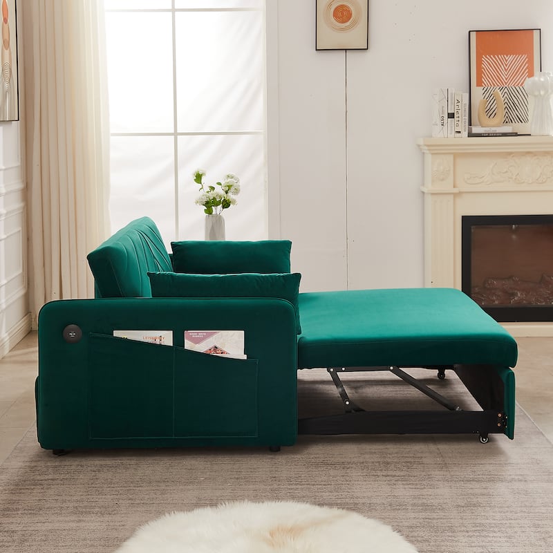 Sleeper Sofa Bed w/USB Port,3-in-1 adjustable sleeper with pull-out bed,2 lumbar pillows,side pocket,velvet convertible sofa bed