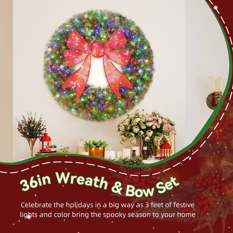HOMCOM 36in Pre-Lit Xmas Wreath: 140 LED, 11 Modes, Remote, 3D Bow, Indoor/Outdoor