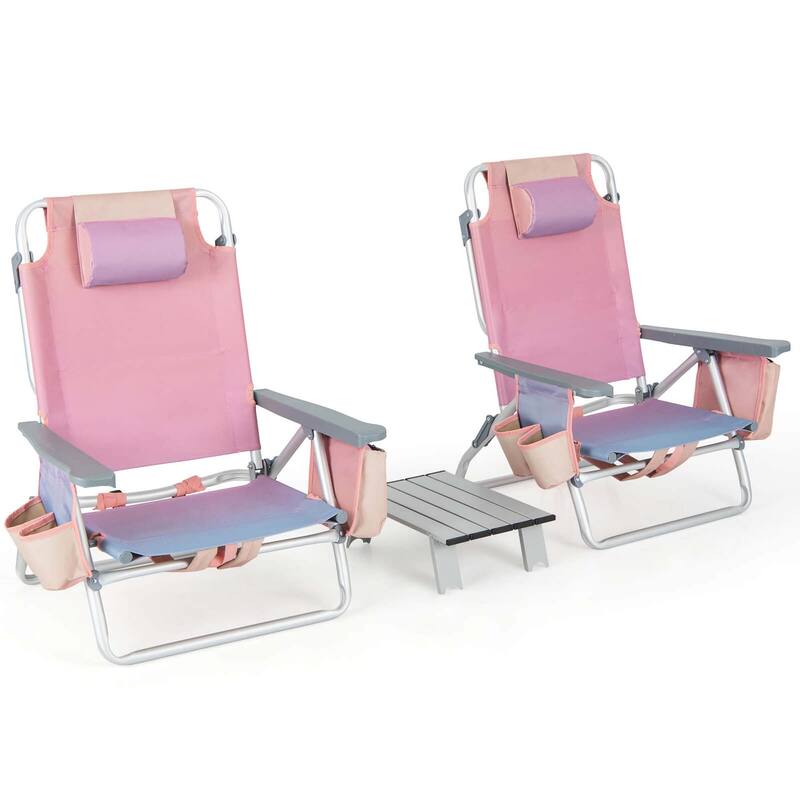 Costway 2-Pack Folding Backpack Beach Chair Table Set 5-Position