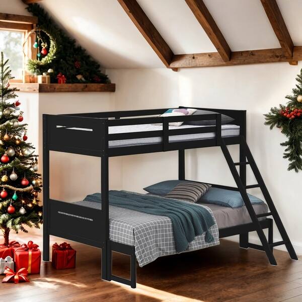 slide 2 of 32, Wooden Versatile Twin over Full Bunk Bed with Built-in Ladder for Bedroom Black