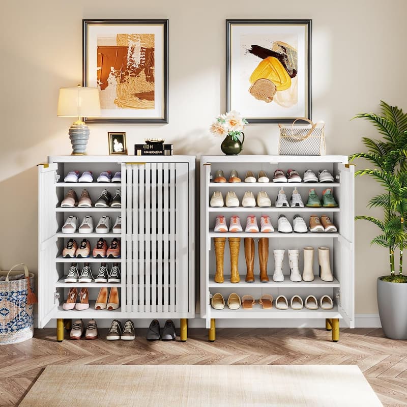 Wooden Shoe Cabinet with Shutter Doors, Adjustable Shelves Large Hidden Storage Organizer Rack for Entryway Hallway