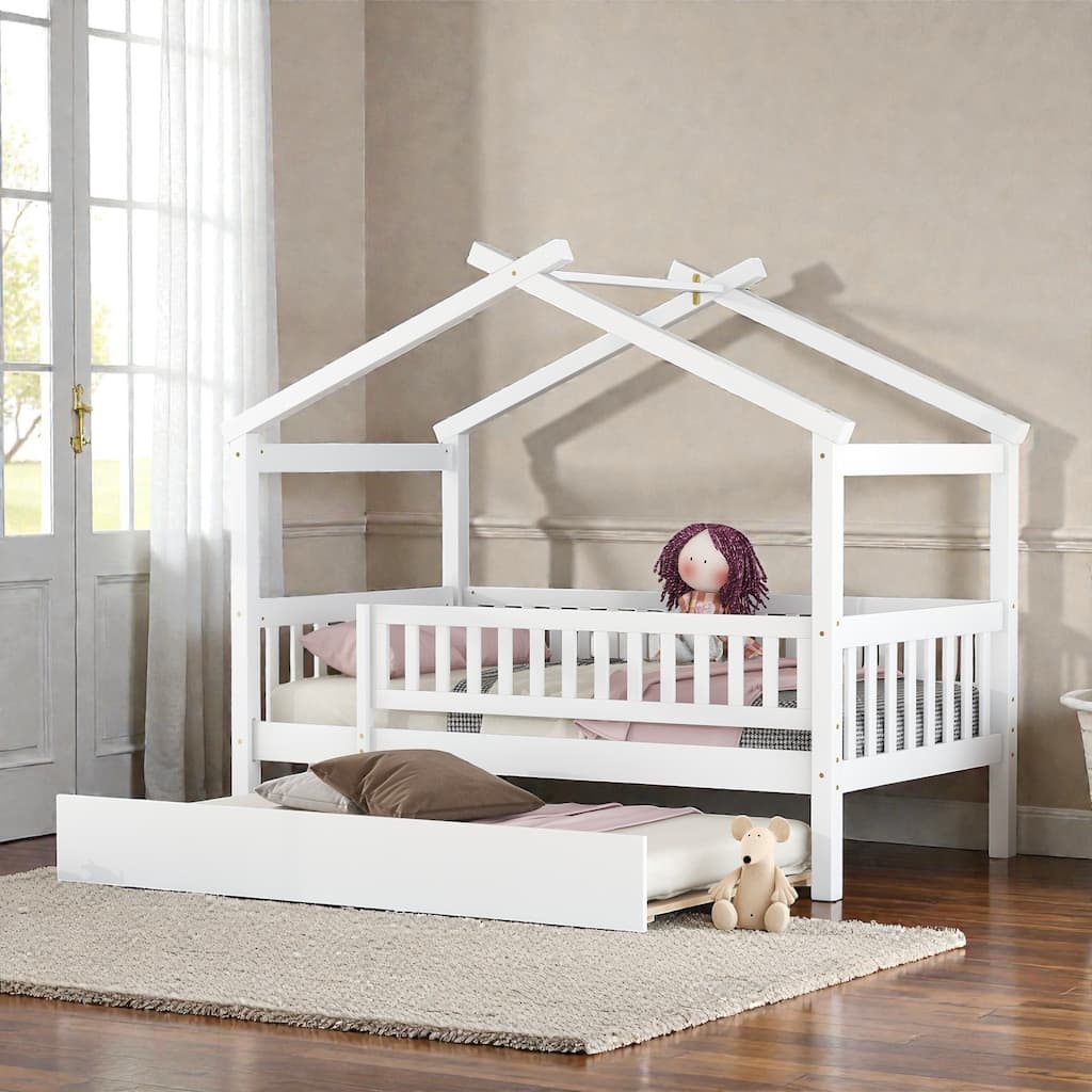Twin/Full Wooden House Bed with Twin Trundle, Kids Platform Bed Frame with Roof Design, Solid Pine Wood