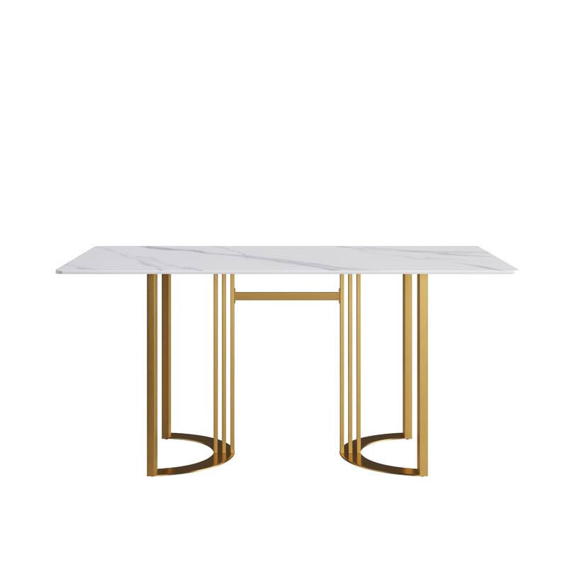 63"Modern artificial stone white straight edge metal leg dining table -6 people