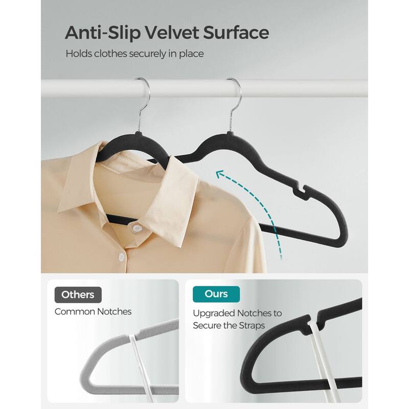 Space-Saving Velvet Anti-Slip Coat Hangers with Shoulder Notches and Swivel Hook