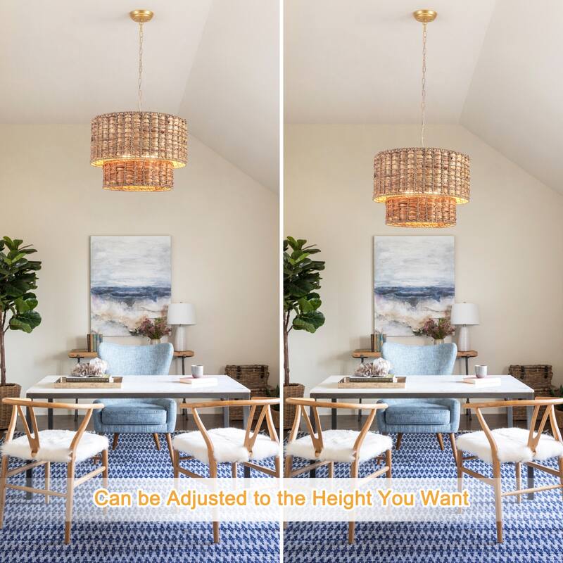 18.9 in. 5-Light Hemp Rope Weaving Drum Chandelier, Bohemian Style Chandelier, Handwoven Semi Flush Mount Chandelier