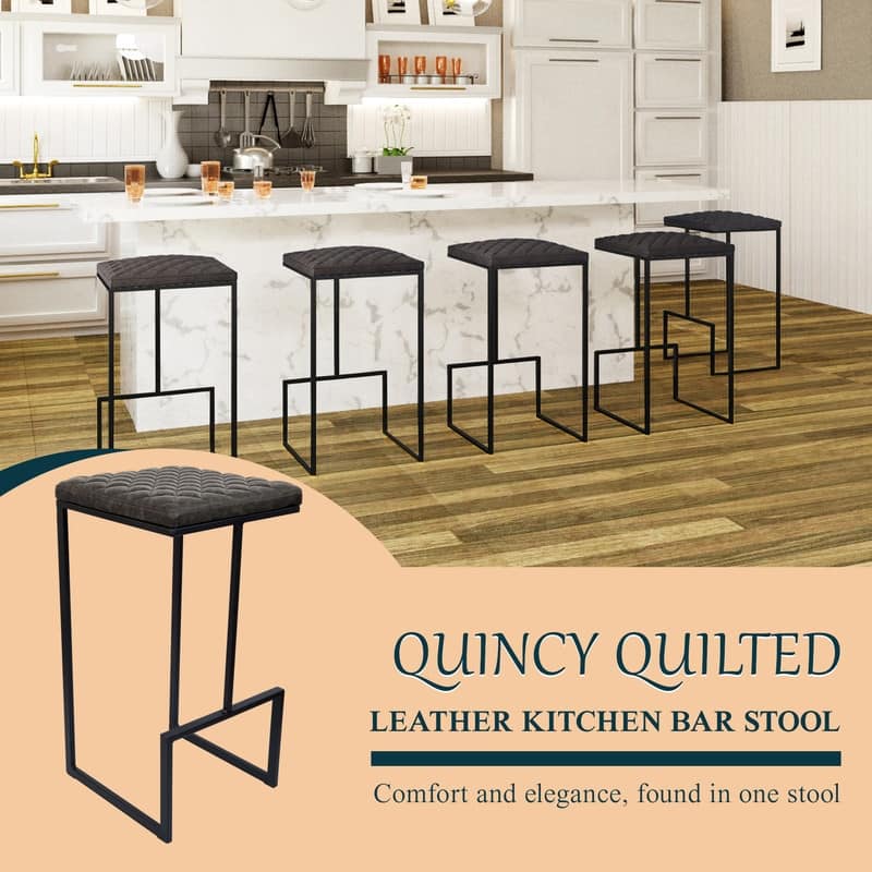 Quincy Leather Quilted Counter Height Barstool (Set of 2) with Upholstered Square Seats & Footrest for Home Bar & Kitchen