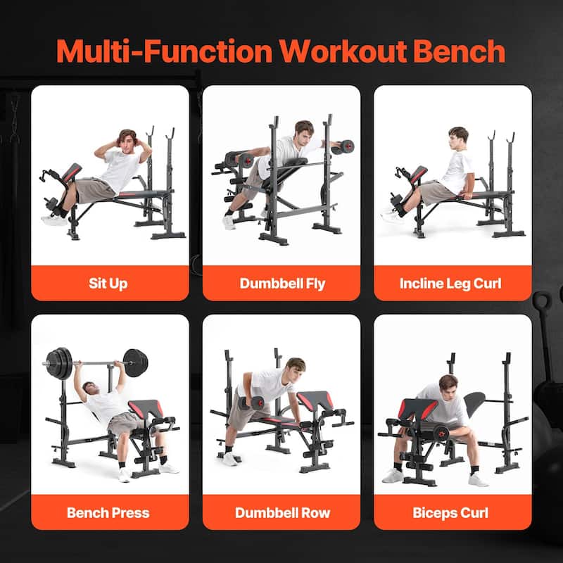 Black Red Steel Workout Bench with Rack, Foldable and Adjustable - 68.1” L x 53.9” W x 51.2” H