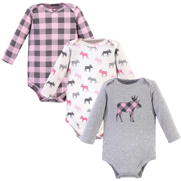 slide 1 of 1, Hudson Baby Infant Girl Cotton Long-Sleeve Bodysuits, Pink Moose 0-3 Months - Pink Moose 3-Pack