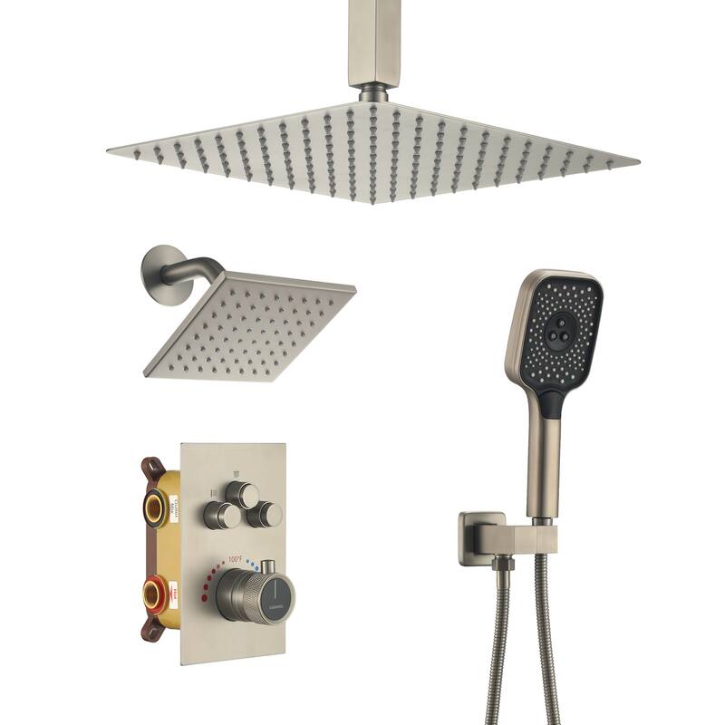 Celling 12 Inch Rainfall Shower Head 3 Function Thermostatic Shower System - Brushed Nickel