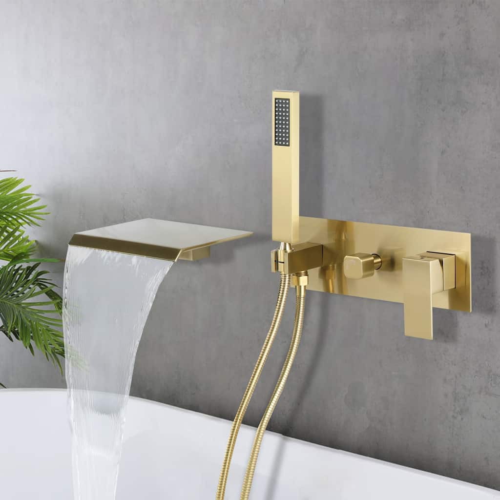 Wall Mounted 2 Handle Bathtub Faucet with Waterfall Spout in Black/Gold/Nickel