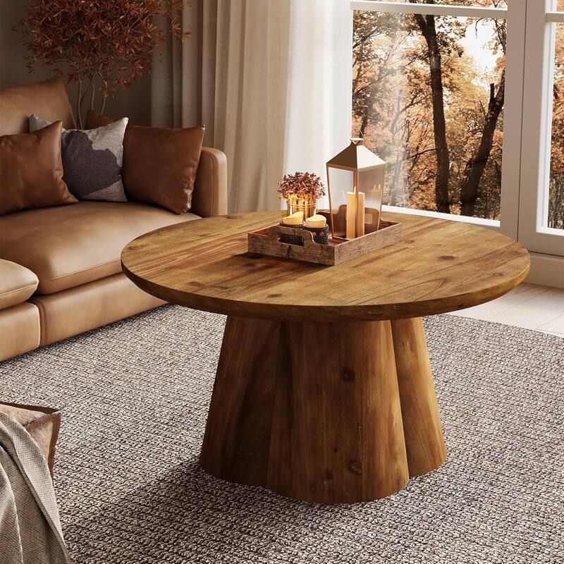 31.5-Inch Solid Wood Round Coffee Center Tea Table with Robust Base for Living Room, Small Space, Apartment