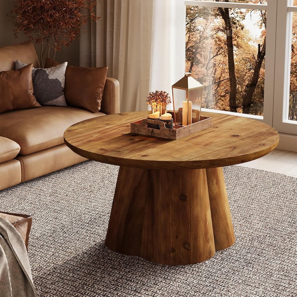 Round Solid Wood Coffee Tables for Living Room, 31.5-Inch Modern Center Table with Robust Hollow Base