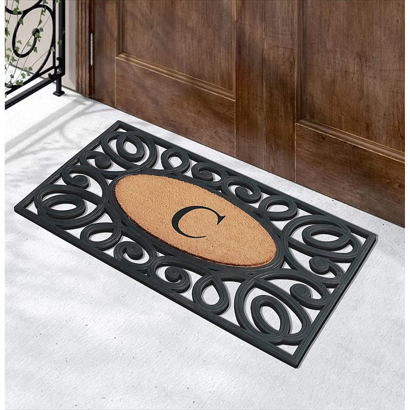 A1HC Rubber and Coir Elegant Circles, Monogrammed Double Door Doormat, Black/Beige - 23"X38"