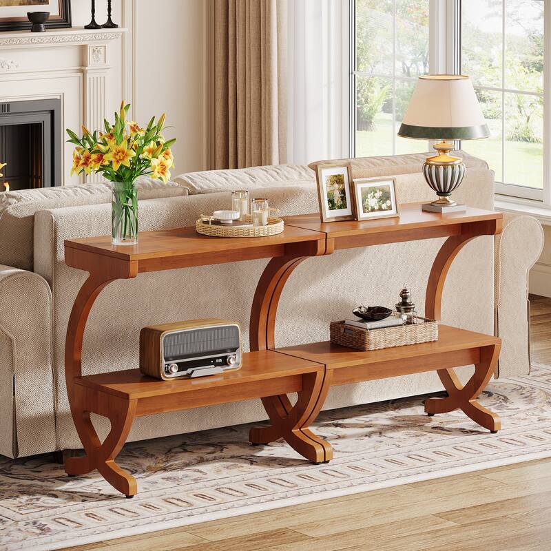 Modern 2-Tier Wood End Table with Curved Crossed Legs - Walnut - 2 Packs