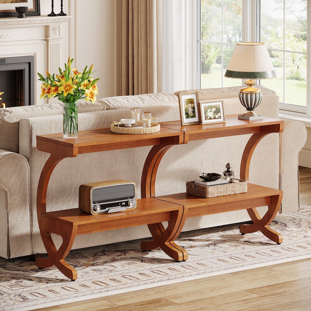 Modern 2-Tier Wood End Table with Curved Crossed Legs