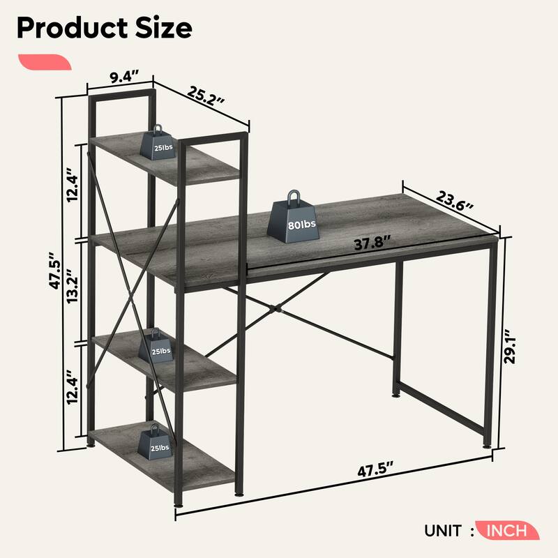 Computer Desk Home Office Computer Desk with 4 Shelves & Hooks