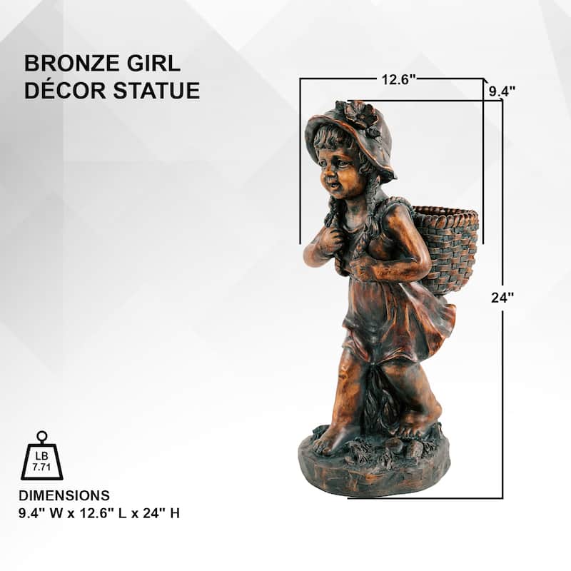 XBrand 24" H Faux Bronze Magnesium Oxide Walking Girl Garden Statue w/Small Flower Plant Pot, Natural Design Sculpture