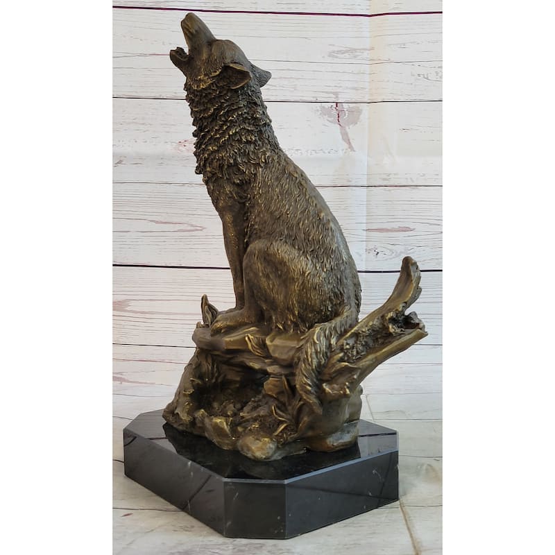 Lost Wax Bronze Casting Of Howling Wolf On Marble Base By Milo