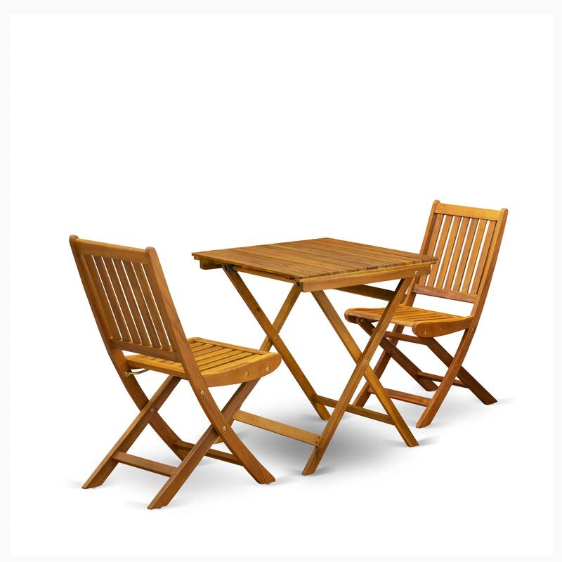East West Furniture 3 Piece Outdoor Bistro Set- a Square Acacia Wood Coffee Table and 2 Folding Side Chairs, Natural Oil