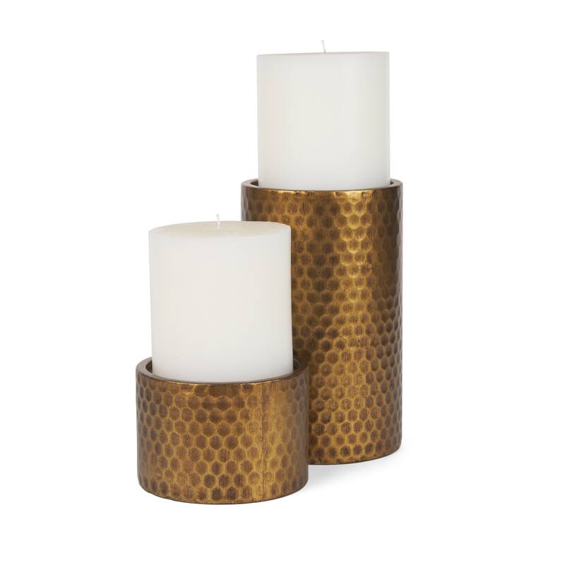 Gage Antiqued Gold Honeycomb Textured Metal Candle Holder (Set of 2) - 4.7L x 7.9W x 4.7H - Gold