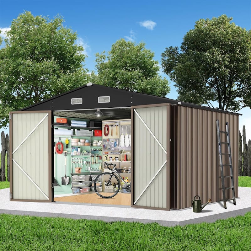 8x8 FT Outdoor Metal Storage Shed, Steel Utility Shed Storage, Metal Shed Outdoor Storage with Lockable Door Design - brown