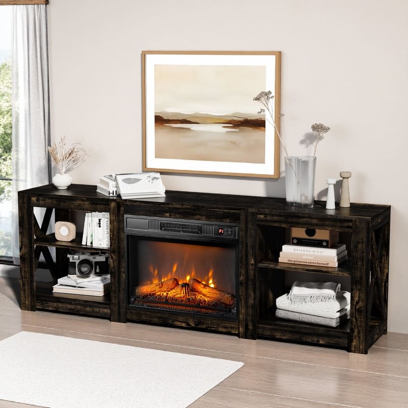 Farmhouse 70'' TV Stand For Tvs Up To 70'' With 23'' Electric Fireplace and Adjustable Shelves