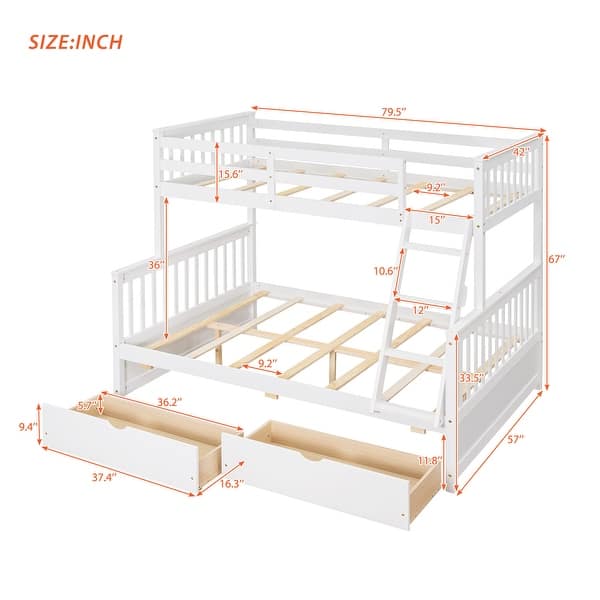 dimension image slide 1 of 4, Space-Saving Twin Over Full Bunk Bed with Drawers, Solid Wood Frame with Guardrails and Ladder, Detachable into 2 Platform Beds