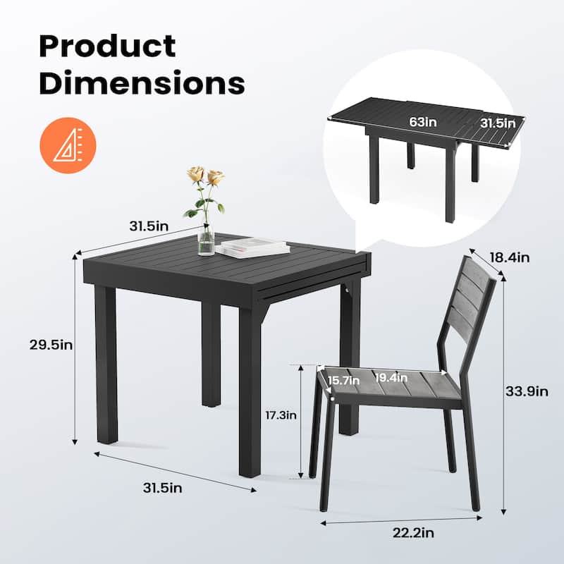 Pellebant Outdoor 3/5/7-piece Aluminum Dining Set Extendable Dining Table with Chairs