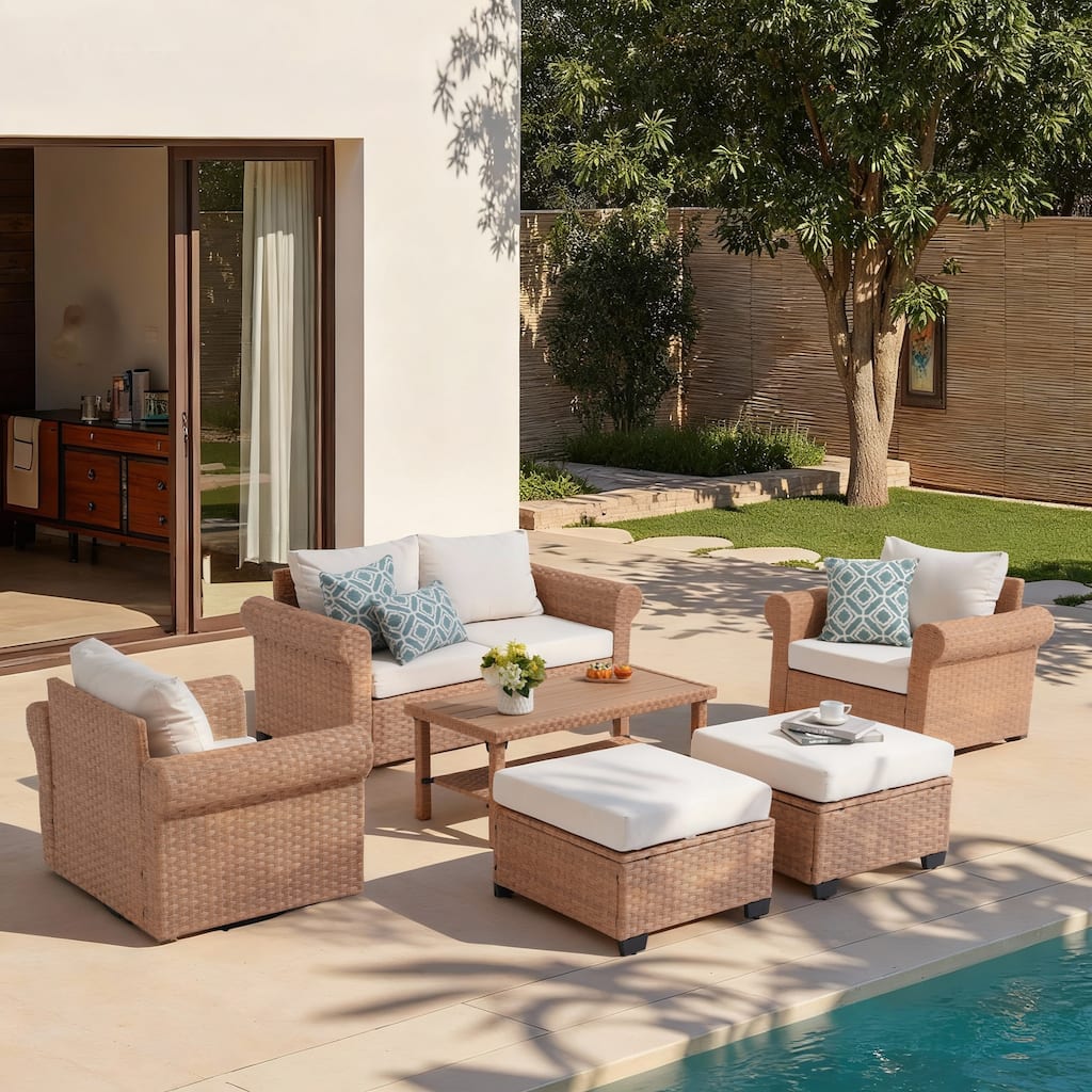 Outdoor 6-Piece PE Rattan Patio Conversation Set with Swivel Chairs
