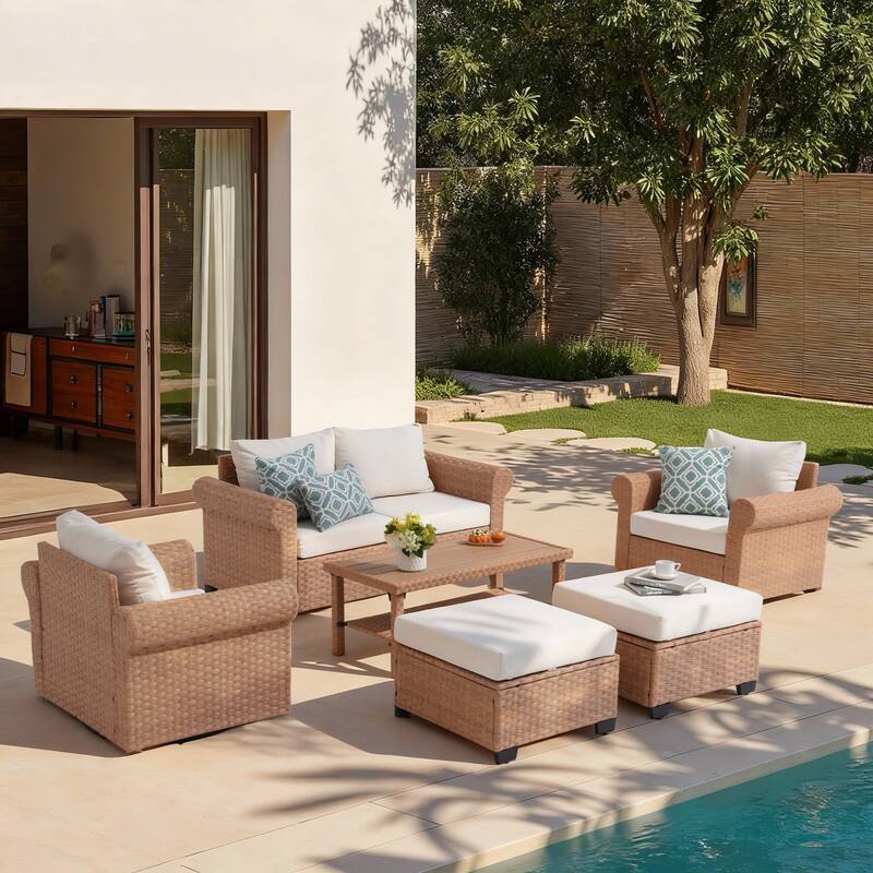 Outdoor 6-Piece PE Rattan Patio Conversation Set with Swivel Chairs - Beige