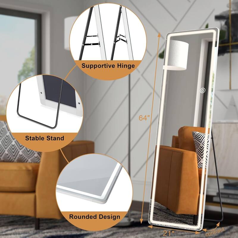 Floor Mirror with LED Light, 64" x 21" Full Length Mirror with Stand, Hanging Mirror Wall Mounted Mirror Full Body Mirror
