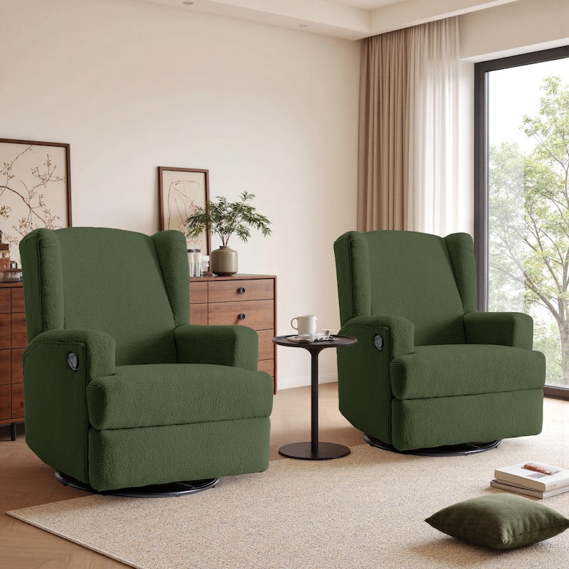 2 Set Upholstered Chenille/Boucle Swivel Glider Rocker Recliner - Green/Boucle