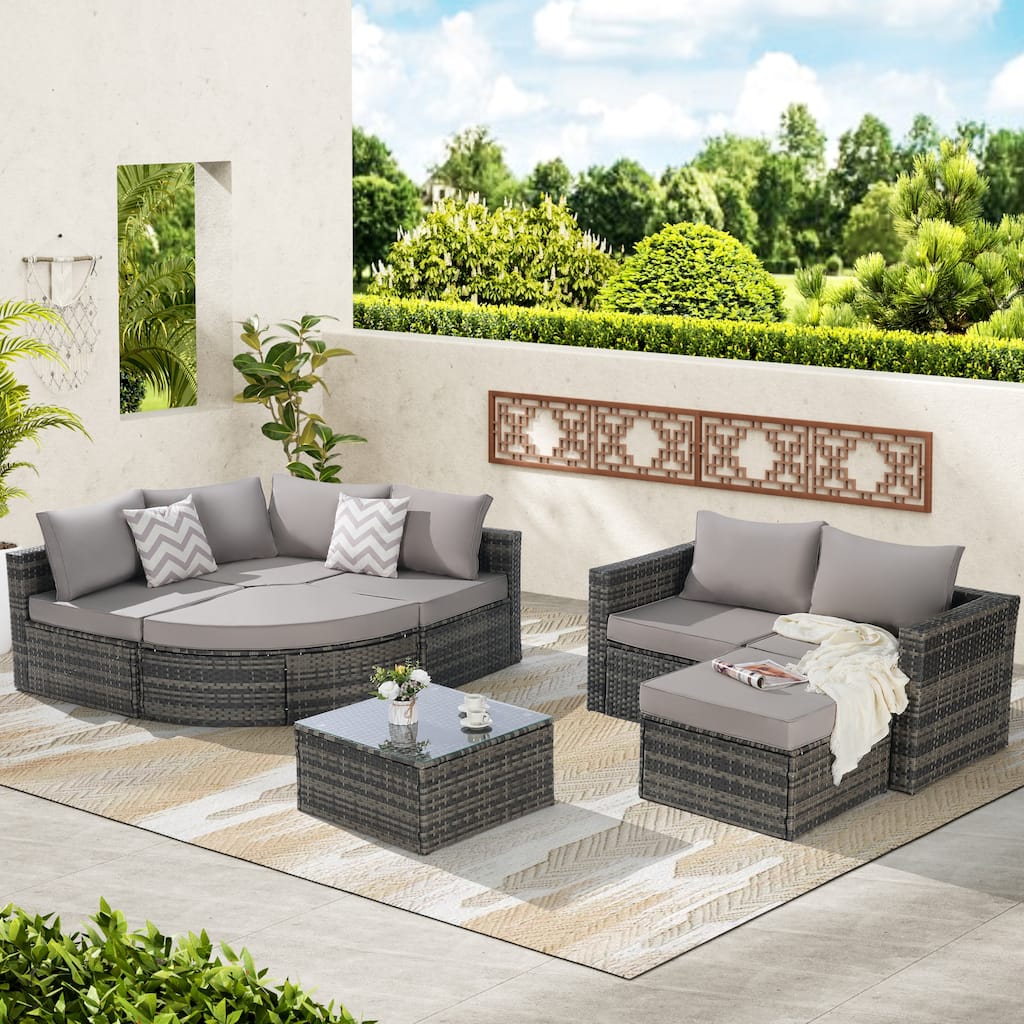 8 Piece Patio Sofa Set Outdoor L- Shaped Sectional Sofa Wicker Conversation Set with Curved Ottoman and Glass Top Table
