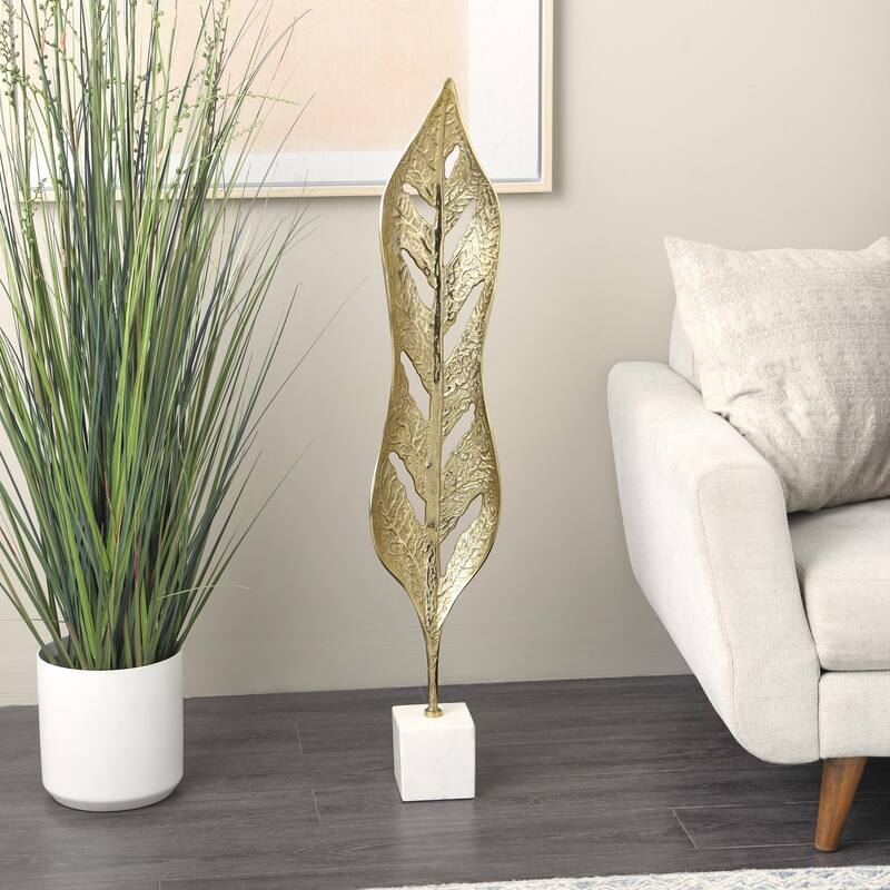 Aluminum Metal Leaf Tall Textured Cutout Decorative Sculpture with White Marble Base - Gold - Roche River Decor