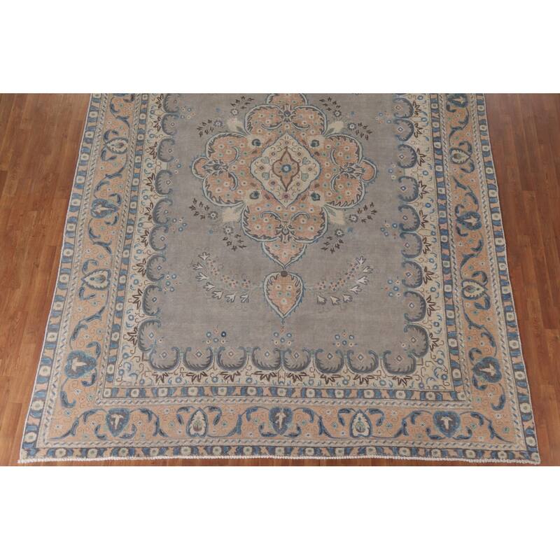 Hand Knotted Oriental 100% Wool Carpet Traditional Floral Greys & Charcoal Tabriz Area Rug - 12' 6'' X 9' 4''