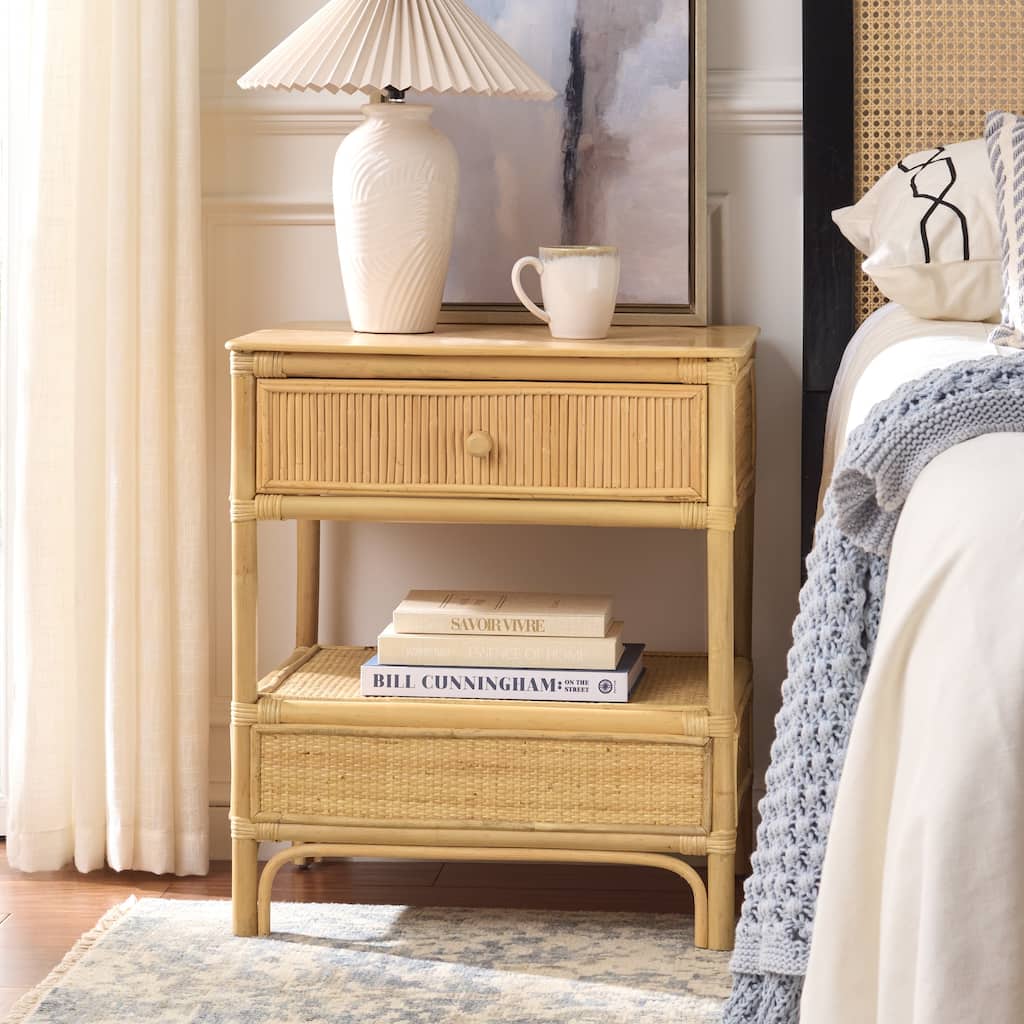 SAFAVIEH Imari Nightstand with Drawer, Shelf & Handwoven Rattan