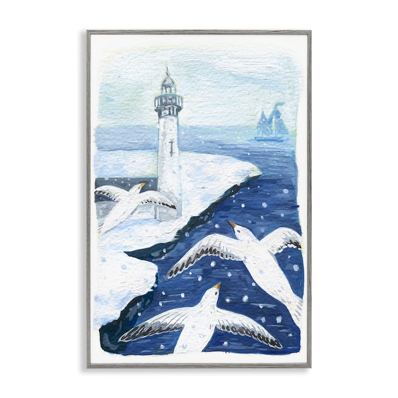 Stupell Snowy Winter Harbor Birds Framed Giclee Art Design By Hannah Moren - 20 x 30 - Grey