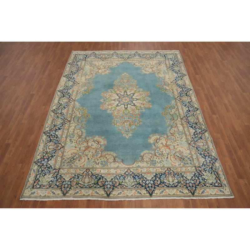 Hand Knotted Oriental 100% Wool Carpet Traditional Floral Navy Blue & Blues Kerman Area Rug - 10' 1'' X 7' 5''
