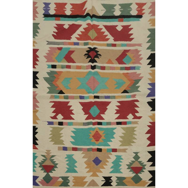 Hand Woven Oriental 100% Wool Carpet Southwestern Tribal Beige & Ivories Kilim Area Rug - 8' 0'' X 5' 9''