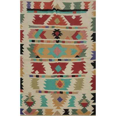 Hand Woven Oriental 100% Wool Carpet Southwestern Tribal Beige & Ivories Kilim Area Rug - 8' 0'' X 5' 9''