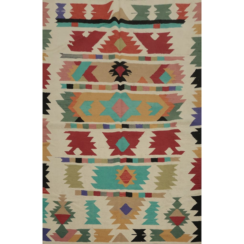 Hand Woven Oriental 100% Wool Carpet Southwestern Tribal Beige & Ivories Kilim Area Rug - 8' 0'' X 5' 9''
