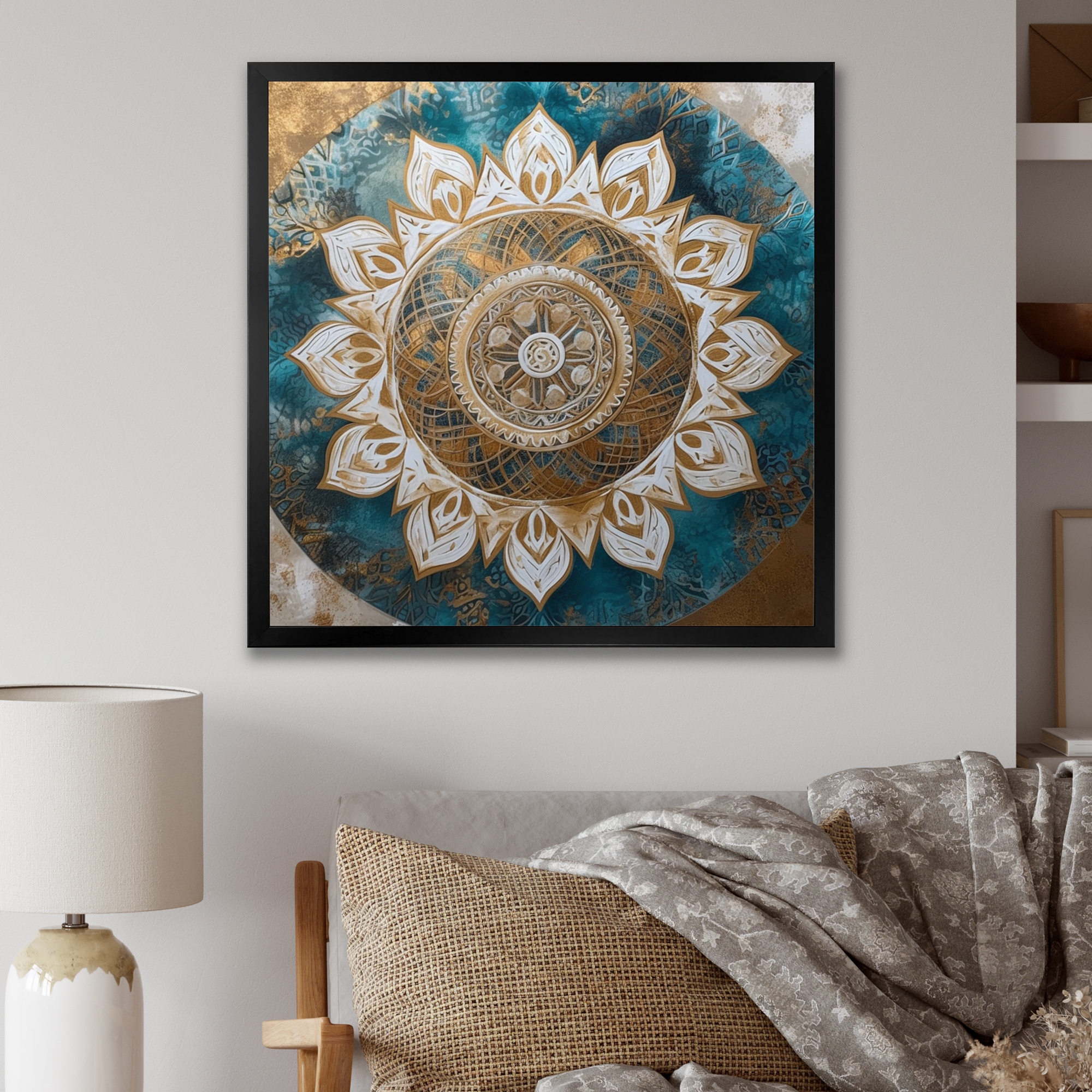 Designart Teal And Gold Mandala Ii Boho Mandala Framed Wall Decor 30 in. wide x 30 in. high