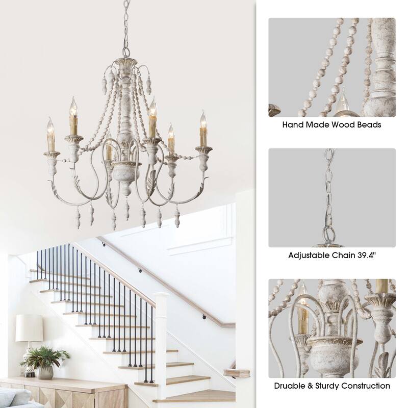 6-Light Farmhouse Antique White 6-Light Distressed Wood Empire Chandelier - 29.5-in W
