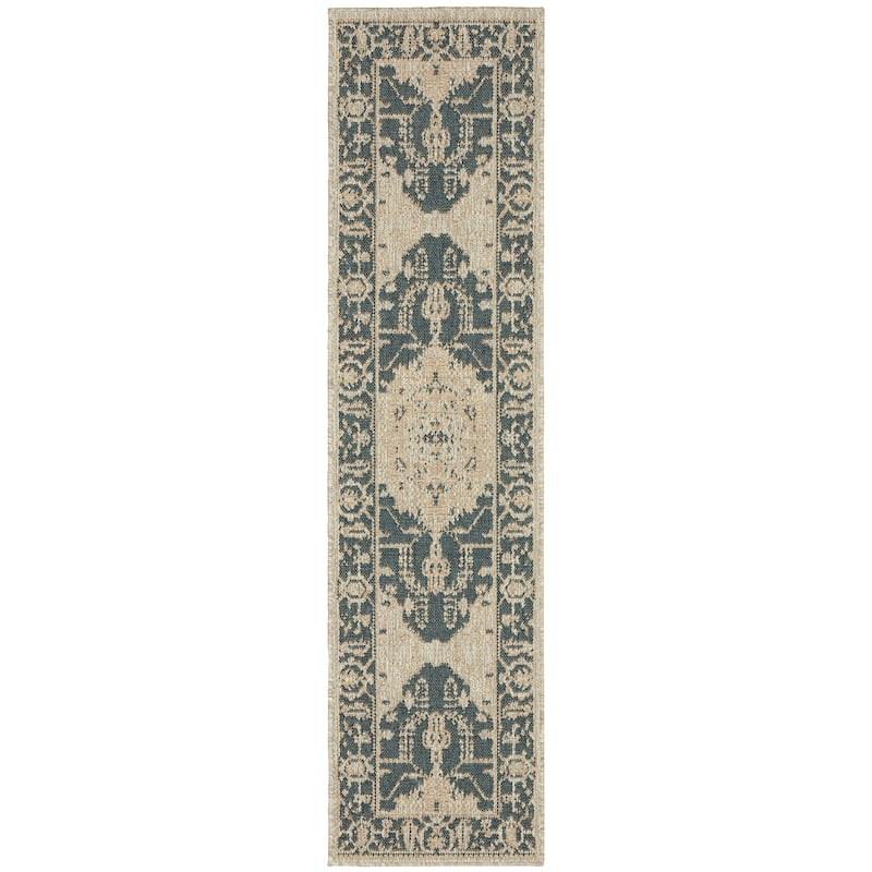 Vista Home Higgins Traditional Medallion Blue-Green/ Taupe Indoor/ Outdoor Area Rug - 1'10" x 7'6" Runner